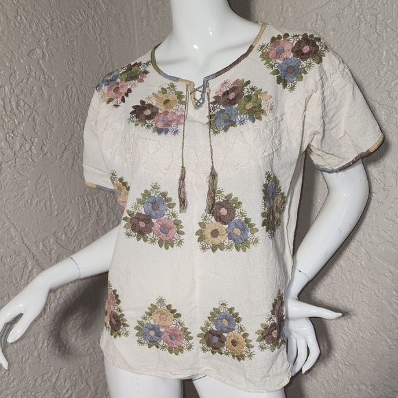 no brand Tops - Cream Puff Sleeve Embellished Blouse with Tie . From Mexico Hand Made